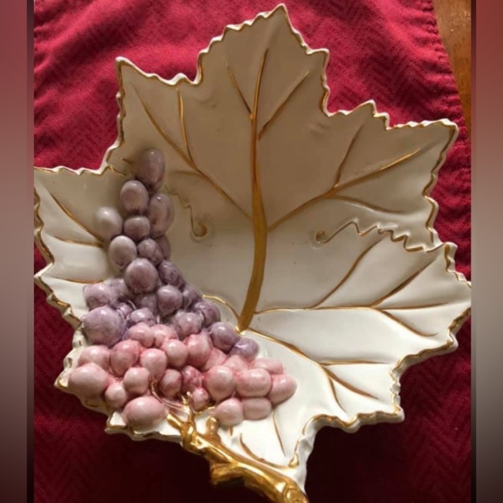 Leaf Shaped Ceramic Plate with Grapes